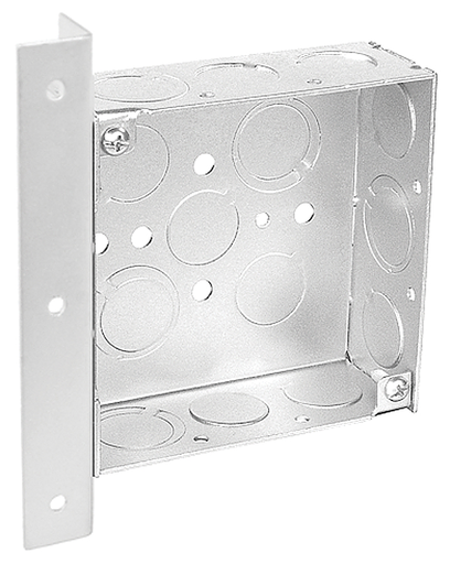 Product image for Garvin 52151-AB 4" Square Junction Box, 1-1/2" Deep, Right Angle Mounting Bracket, (4) 1/2" and (5) Combo Knockouts