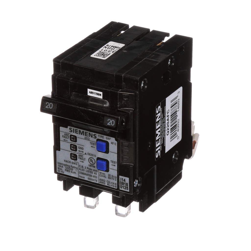 Product image for Siemens Q220AFC 2-Pole 20A 120/240V AC Combination Arc Fault Circuit Interrupter (AFCI) Breaker, Plug-On, 10kA