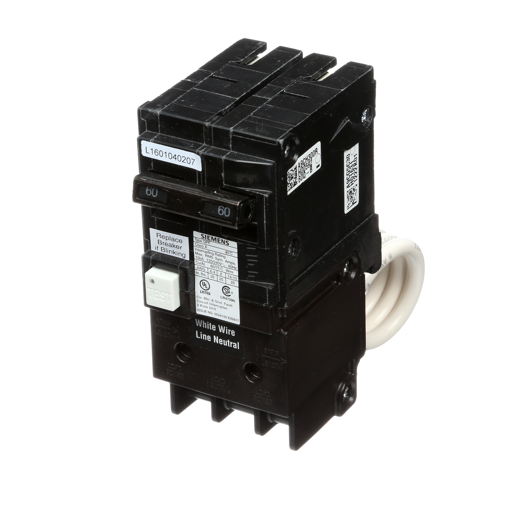 Siemens QF260A 2-Pole 60A 120/240 VAC Ground Fault Circuit Interrupter (GFCI) Breaker, Plug-On, 10kA, 5mA Product image for Siemens QF260A 2-Pole 60A 120/240 VAC Ground Fault Circuit Interrupter (GFCI) Breaker, Plug-On, 10kA, 5mA