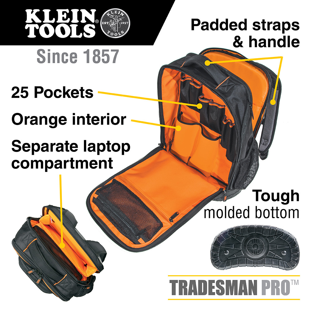 Klein 55456BPL Tradesman Pro Backpack / Tool Bag, 25 Pockets, 1
