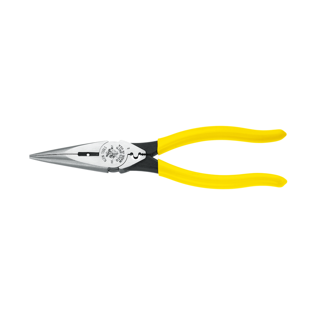 Product image for Klein D203-8NCR Pliers, Needle Nose Side Cutters with Stripping and Crimping, 8"