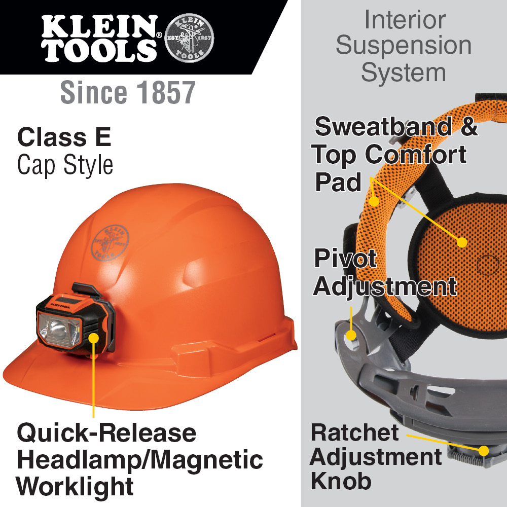Hard Hat, Non-vented, Orange Cap Style with Headlamp