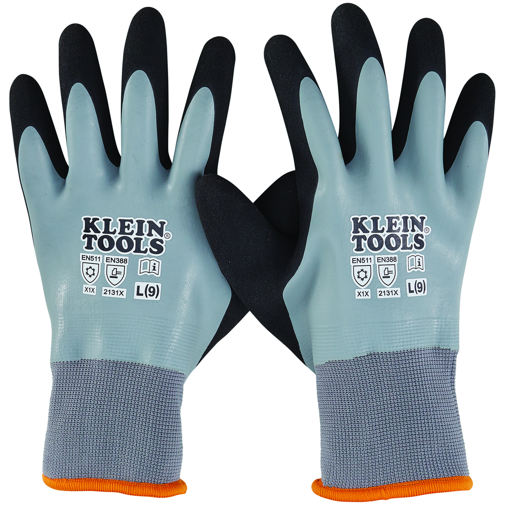 Product image for Klein 60389 Thermal Dipped Winter Gloves, Gray Knit, Black Coating, Orange Trimmed Cuff - Large