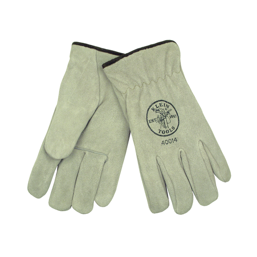 Product image for Klein Tools 40014 Large Suede Cowhide Leather Gray Shirred Elastic Cut-Off Driver Gloves