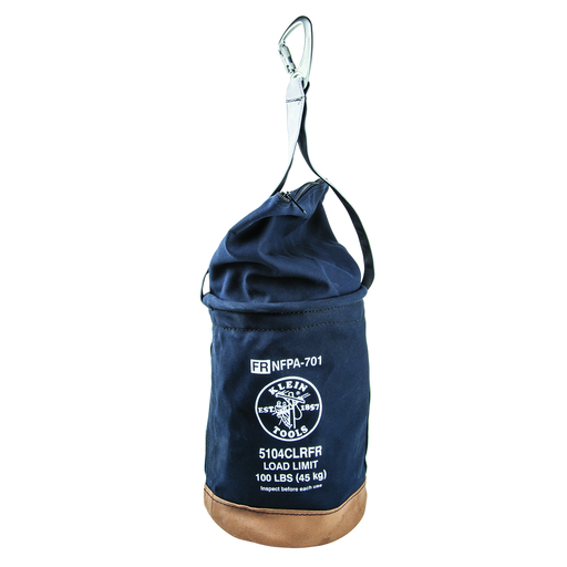 Product image for Klein 5104CLRFR Canvas Bucket w/ Drawstring Close, Flame-Resistant, 17" Height, Double Action Carabiner, Interior Pocket, 100 lb Max Load