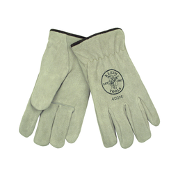 Product image for Klein Tools 40014 Large Suede Cowhide Leather Gray Shirred Elastic Cut-Off Driver Gloves