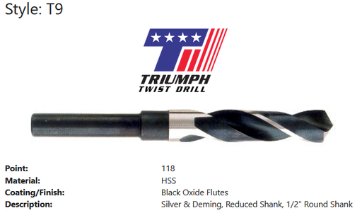 S&D 1/2" REDUC SHK 3-FLAT DRIL 53/64 T9F
