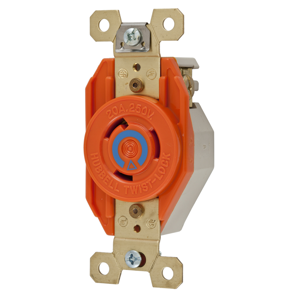 Product image for Hubbell IG2320 20 Amp 250 Volt 2-Pole 3-Wire NEMA L6-20R Orange Isolated Ground Locking Single Receptacle