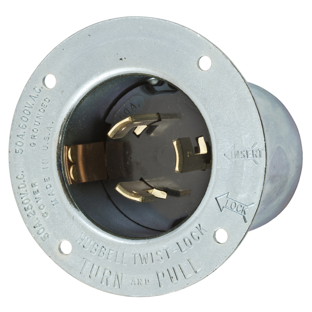 Hubbell HBL7958 Locking Flanged INLT, 3P4W, 50A 250VDC/600VAC Product image for Hubbell HBL7958 Locking Flanged INLT, 3P4W, 50A 250VDC/600VAC