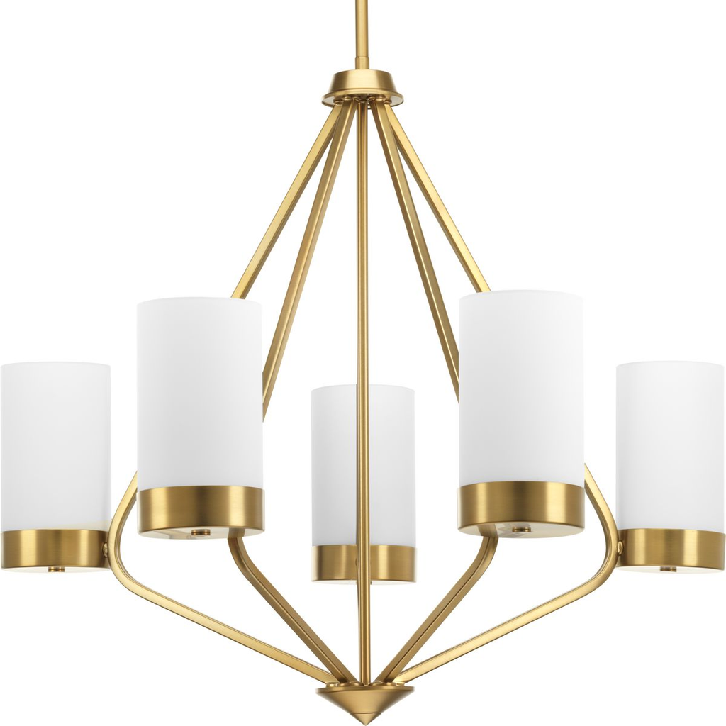 Product image for Progress P400022-109 Elevate Collection Five-Light Brushed Bronze Etched White Glass Mid-Century Modern Chandelier Light