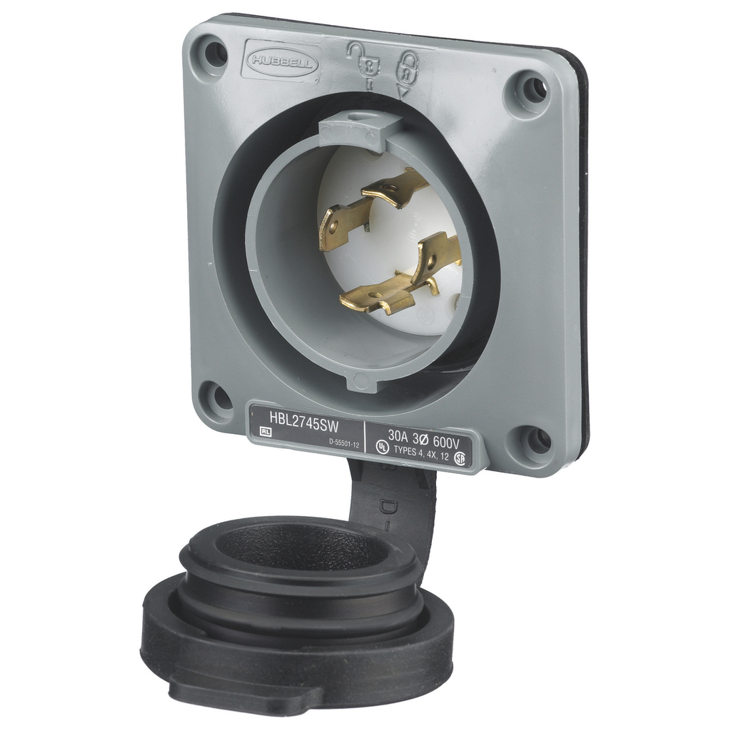 Product image for Hubbell HBL2745-SW 30A 3Ph 600V AC Twist-Lock Watertight SAFETY-SHROUD Gray VALOX Flanged Inlet