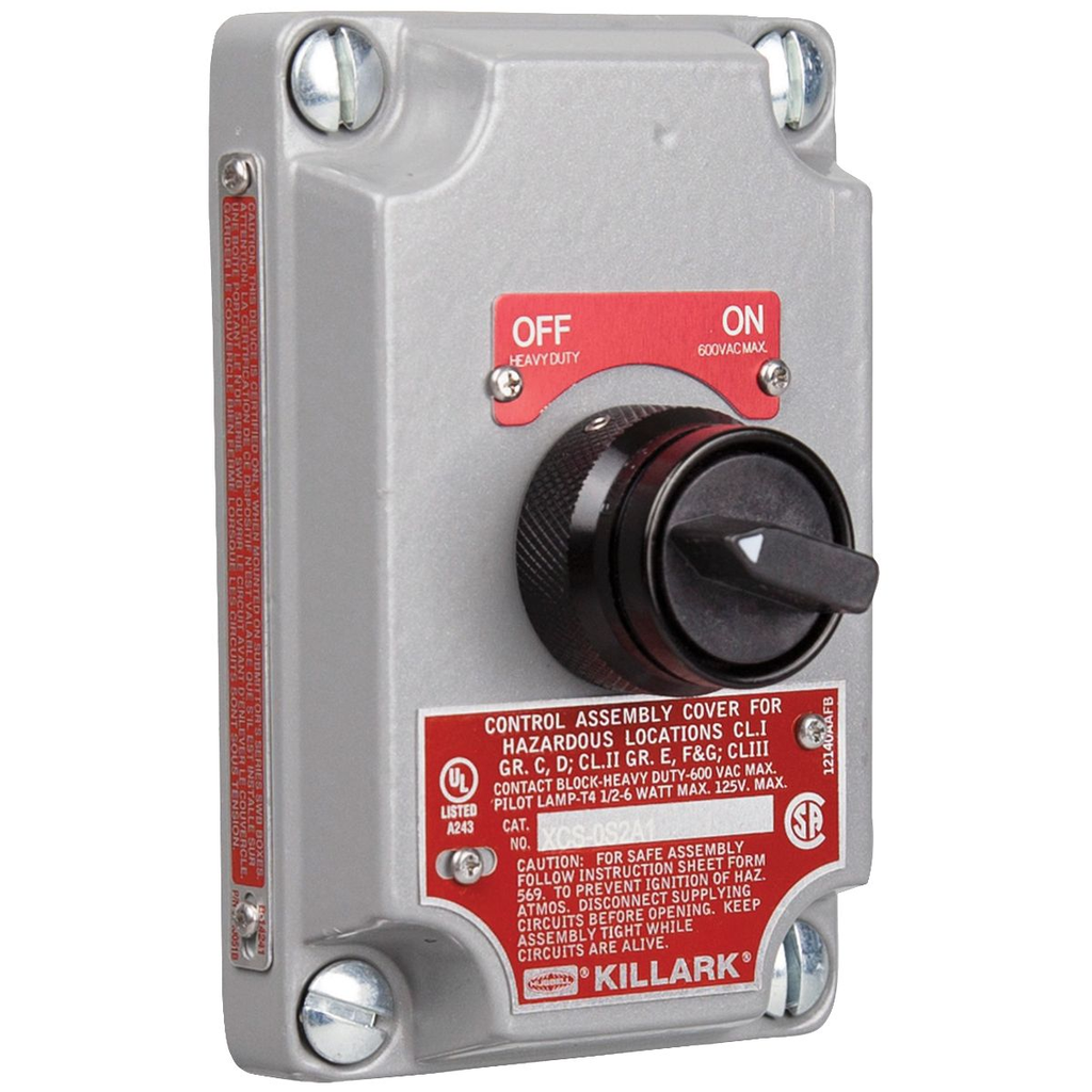 Product image for Killark XCS-0S2A5 XCS Series - Aluminum Maintained Contact 2-Position Selector Switch Cover With Device - "Off - On" Nameplate - 2NO/2NC Contact Rating