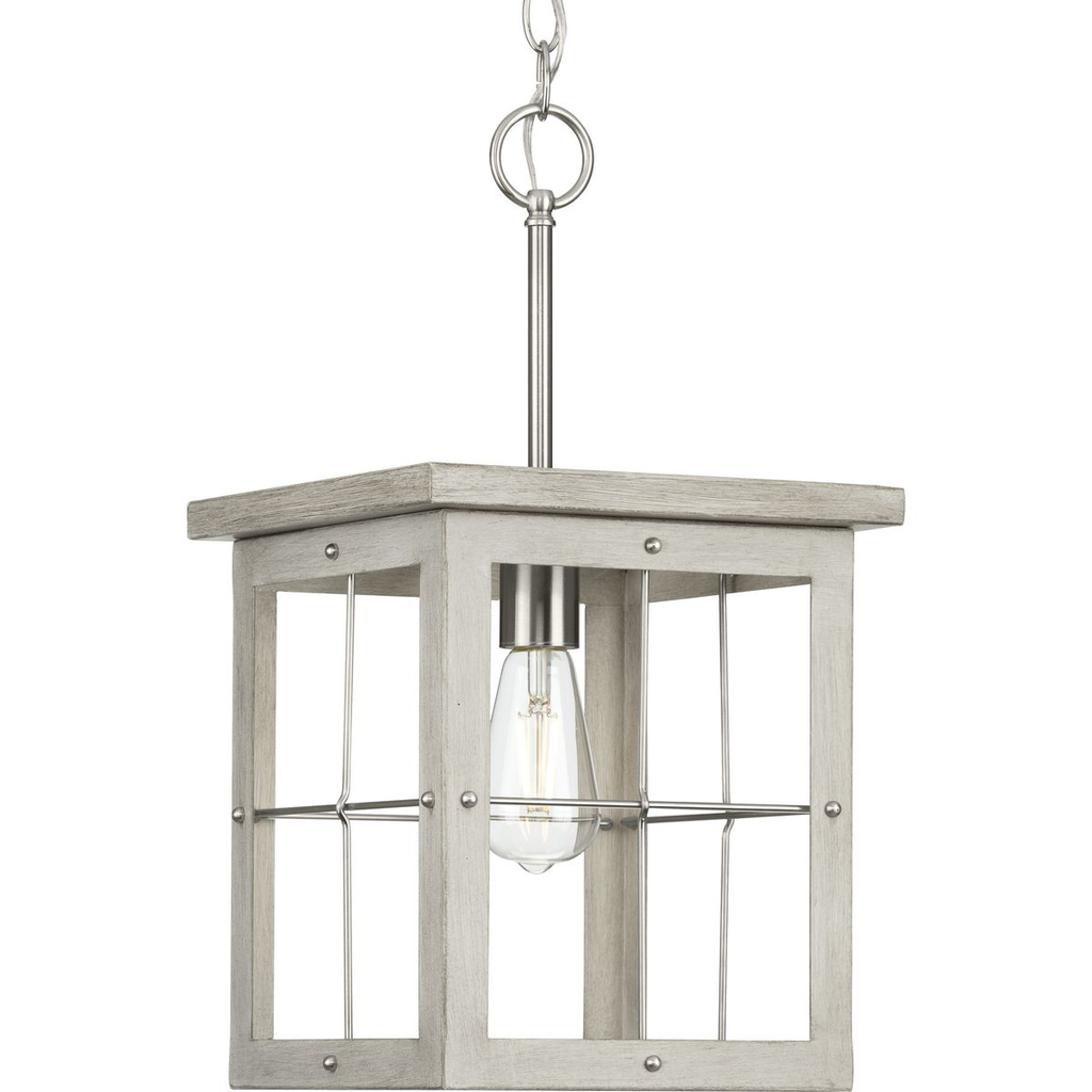 Product image for Progress P500317-009 Hedgerow Collection One-Light Brushed Nickel and Grey Washed Oak Farmhouse Style Hanging Mini-Pendant Light