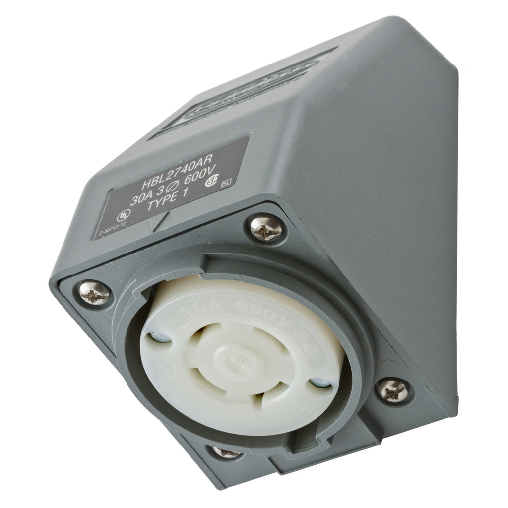 Product image for Hubbell HBL2740AR 30 Amp 600 Volt 3-Pole 4-Wire NEMA L17-30R Gray Angle Housing Locking Receptacle