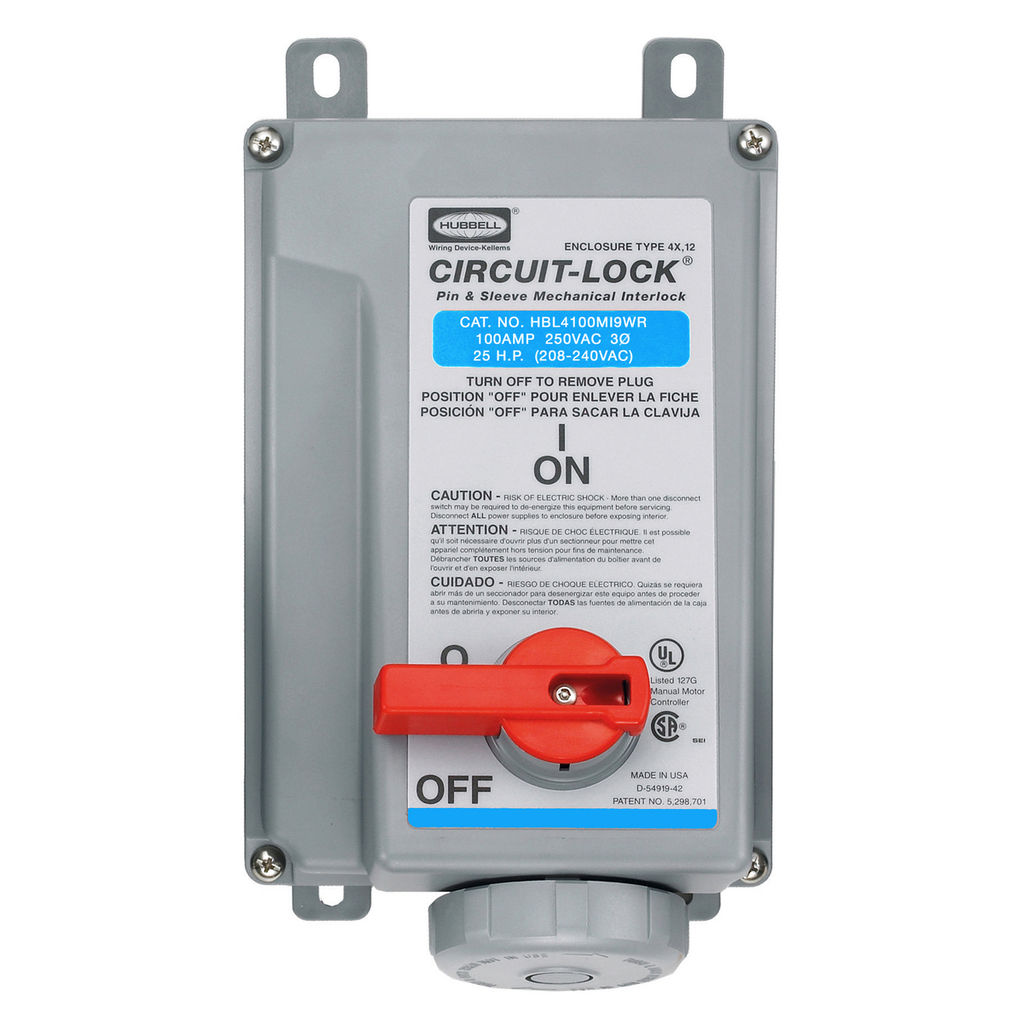Product image for Hubbell HBL4100MI9WR Pin & Sleeve IEC Reverse Service Circuit-Lock® Mechanical Interlock, 100A 3P4W, 3Ø 240V, IP67, NEMA 4X, 12