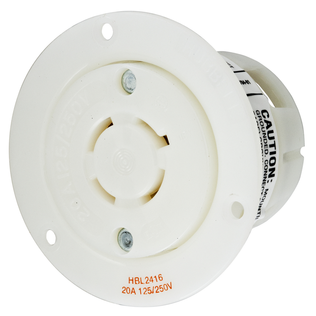Product image for Hubbell HBL2416 20 Amp 125/250 Volt 3-Pole 4-Wire NEMA L14-20R White Locking Flanged Receptacle