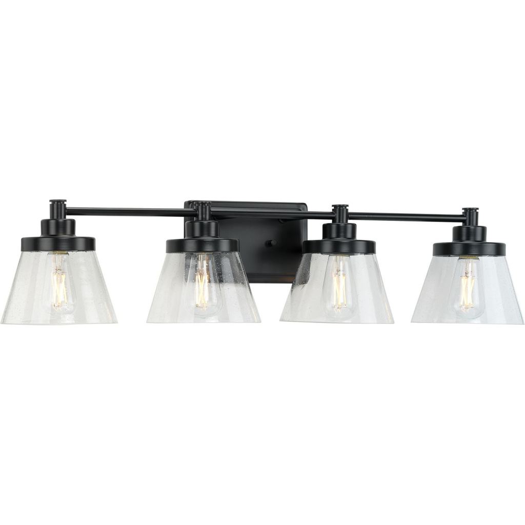 Progress P300351-31M Hinton Collection Four-Light Matte Black Clear Seeded Glass Farmhouse Bath Vanity Light Product image for Progress P300351-31M Hinton Collection Four-Light Matte Black Clear Seeded Glass Farmhouse Bath Vanity Light