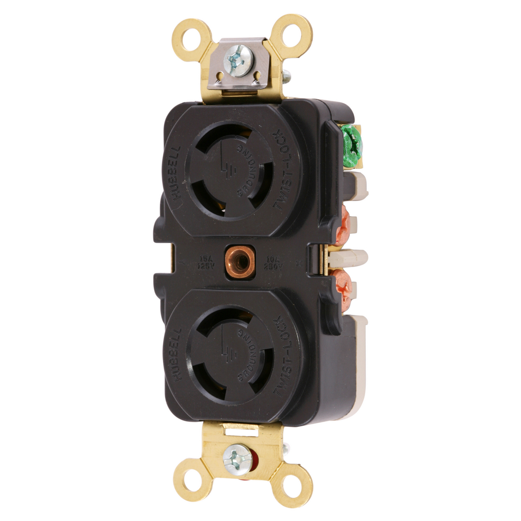 Product image for Hubbell HBL7580G 10 Amp 250 VAC 2-Pole 3-Wire Non-NEMA Black Duplex Locking Receptacle