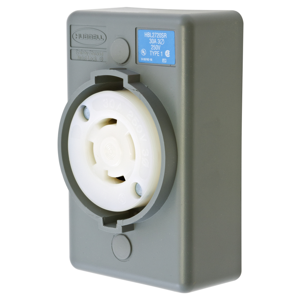 Product image for Hubbell HBL2720SR Locking S/SHRD Receptacle, L15-30R, SURF MT, GY