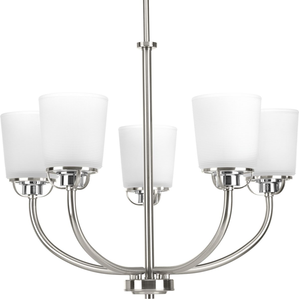 Product image for Progress P400009-009 West Village Collection Five-Light Brushed Nickel Etched Double Prismatic Glass Farmhouse Chandelier Light