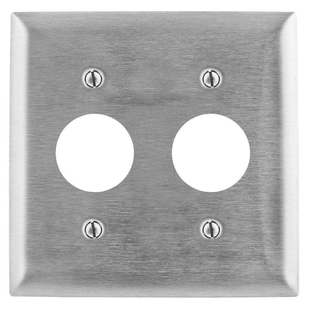 Product image for Hubbell SS72 2-Gang Stainless Steel 2-Single Receptacle Strap Mount Wallplate