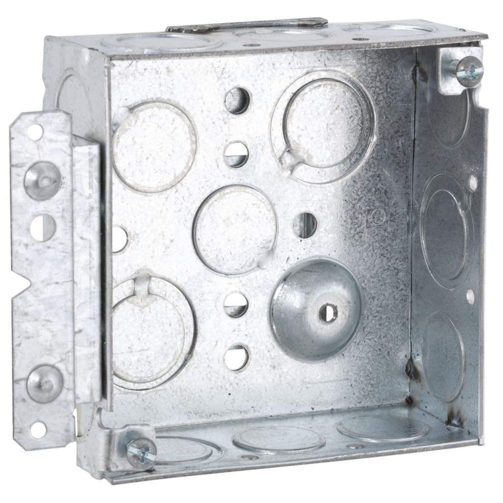 Product image for Raco 189HWP 4" Square Box, Welded, 1-1/2" Deep with Eight 1/2" KO's & Five TKO's, Raised Ground, 10", UBS, HM Bracket
