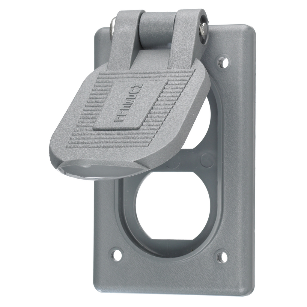 Product image for Hubbell HBL5221 4.56 x 2.89 x 1.08 Inch Gray Thermoplastic Vertical Mount Weatherproof Duplex Cover