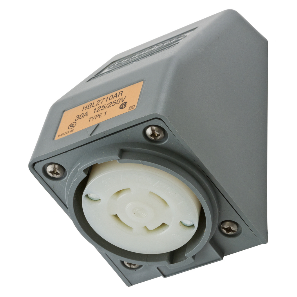 Product image for Hubbell HBL2710AR 30 Amp 125/250 Volt 3-Pole 4-Wire NEMA L14-30R Gray Angle Housing Locking Receptacle