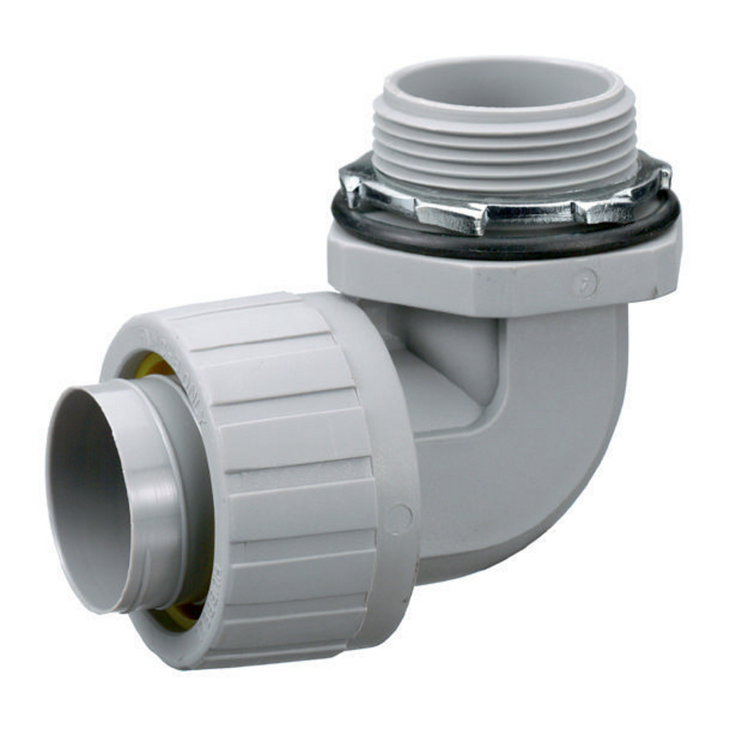 Mayer-DDS-Kellems Wire Management, Liquidtight System, PolyTuff® 90 Degree Male Liquid-Tight Connector, 1", Non-Metallic, Gray-1