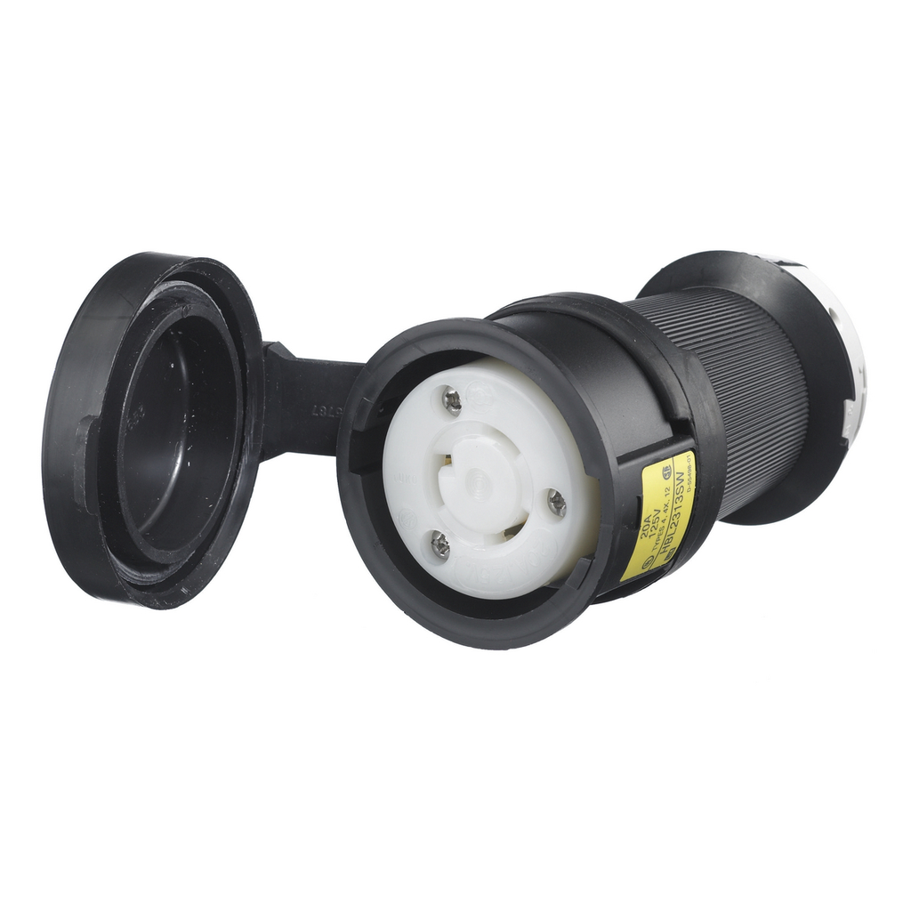 Product image for Hubbell HBL2313SW 20 Amp 125 Volt 2-Pole 3-Wire NEMA L5-20R Black Watertight Locking Connector Body