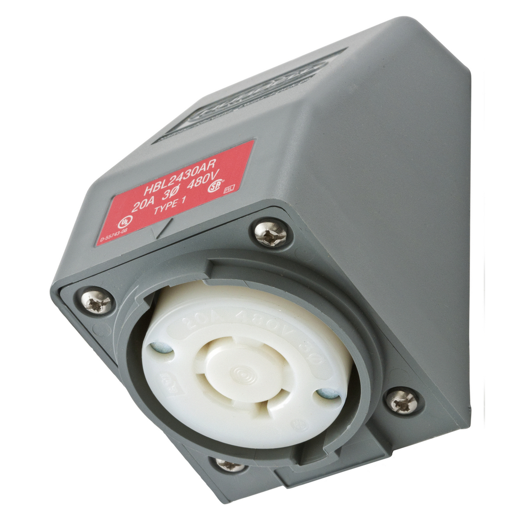 Product image for Hubbell HBL2430AR 20 Amp 480 Volt 3-Pole 4-Wire NEMA L16-20R Gray Angle Housing Locking Receptacle
