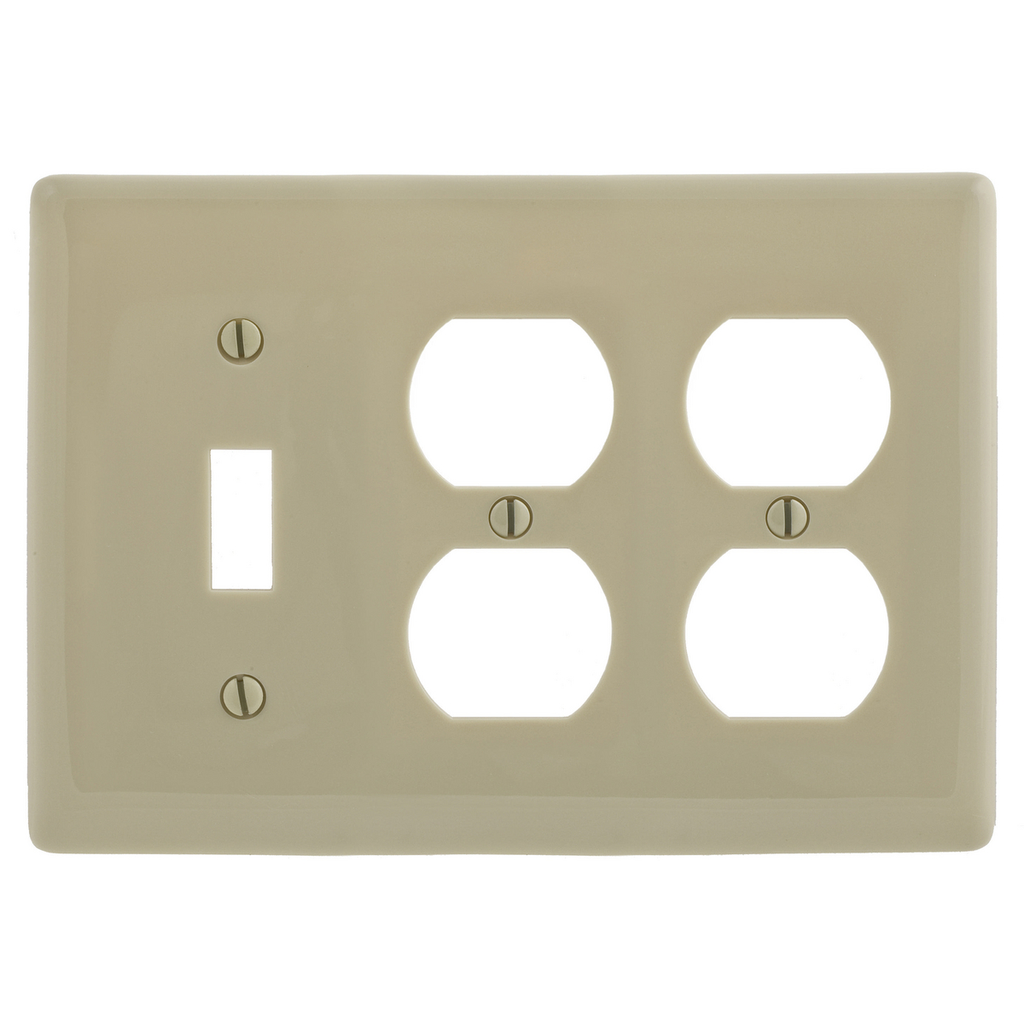 Product image for Hubbell Wiring Devices NP182I 3-Gang Ivory Nylon Standard 1-Toggle Switch 2-Duplex Receptacle Combination Wallplate