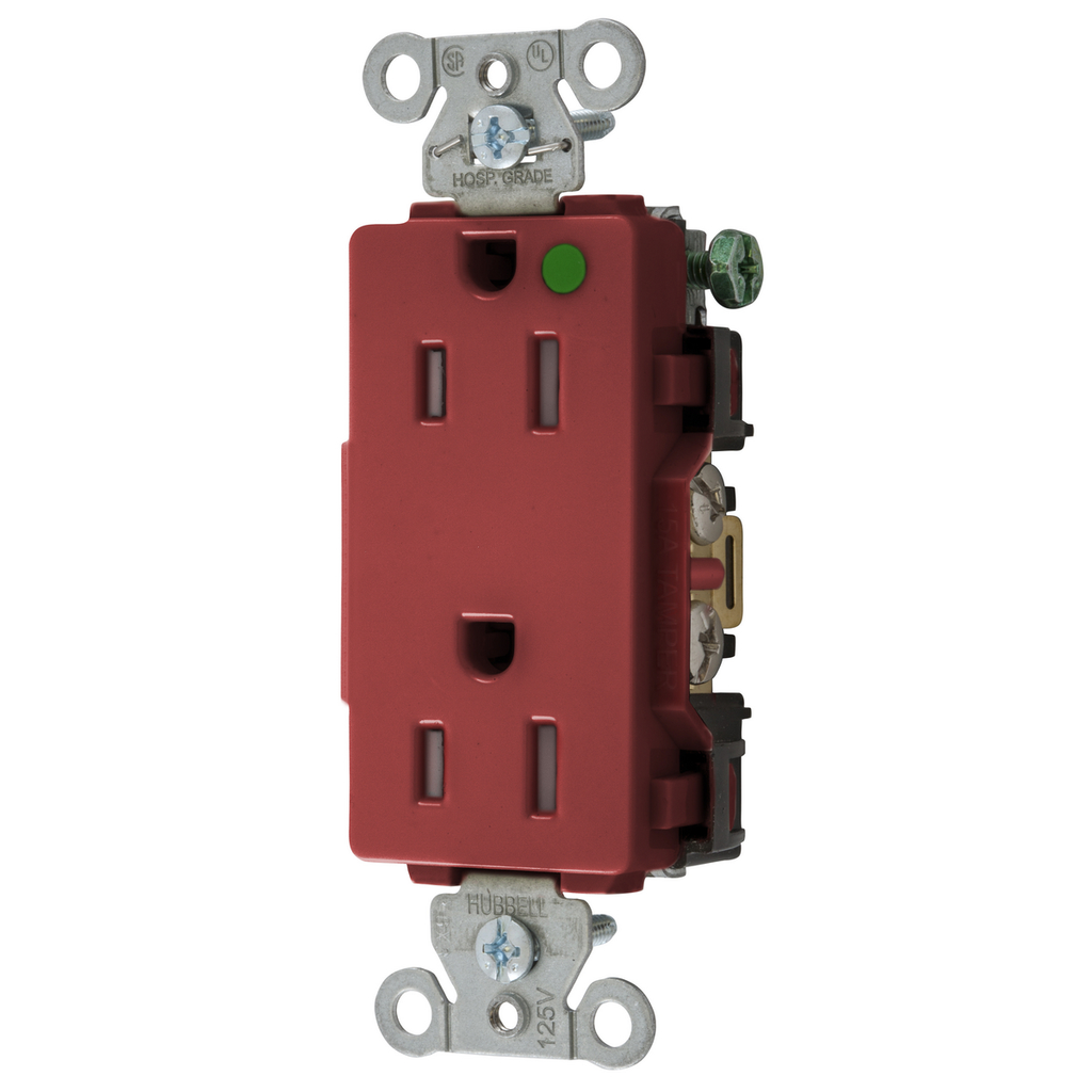 Product image for Hubbell 2172REDTRA Straight Blade Device, Tamper Resistant Decorator Duplex Receptacle, Hospital Grade, Hubbell-Pro, 15A 125V, 2- Pole 3-Wire Grounding, 5-15R, Red