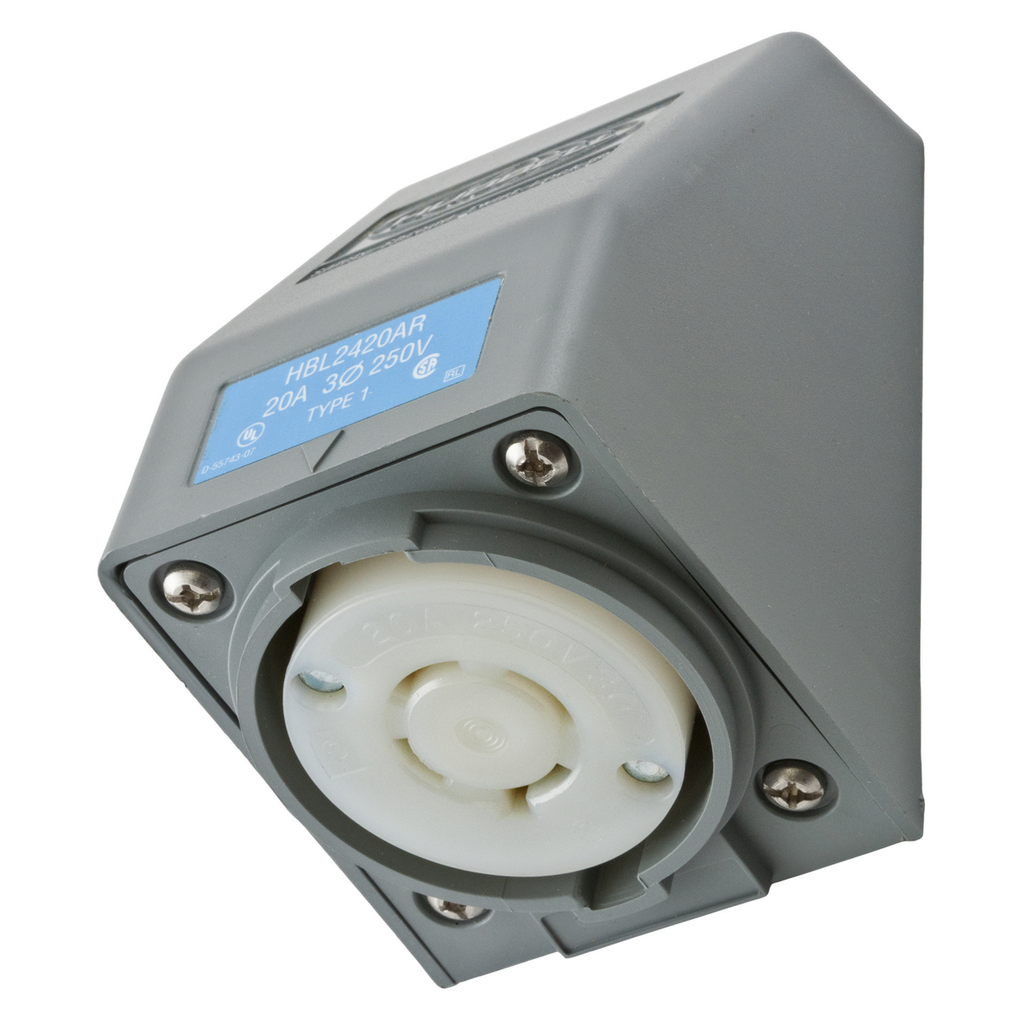 Product image for Hubbell HBL2420AR 20 Amp 250 Volt 3-Pole 4-Wire NEMA L15-20R Gray Angle Housing Locking Receptacle