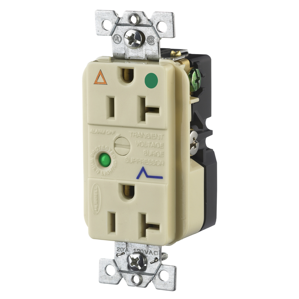 Product image for Hubbell IG8362ISA 20 Amp 125 Volt 2-Pole 3-Wire NEMA 5-20R Ivory Duplex Surge Suppression Receptacle