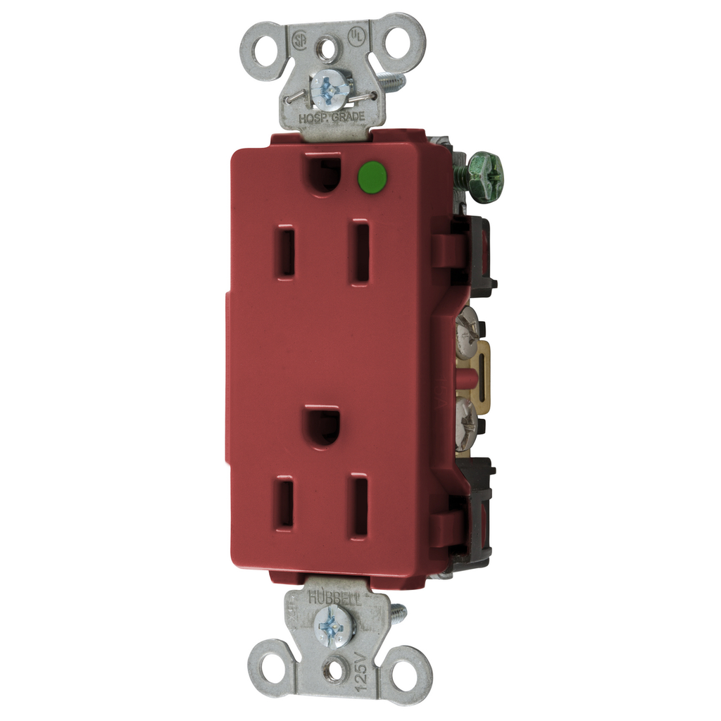 Product image for Hubbell 2172RED Straight Blade Device, Decorator Duplex Receptacle, Hospital Grade, Hubbell-Pro, 15A 125V, 2-Pole 3-Wire Grounding, 5-15R, Red