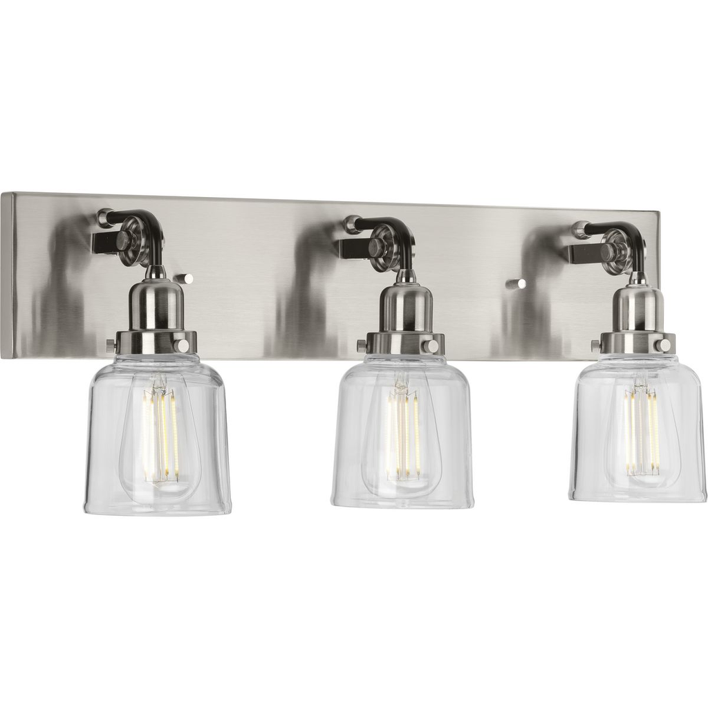 Product image for Progress P300228-009 Rushton Collection Three-Light Brushed Nickel Clear Glass Farmhouse Bath Vanity Light