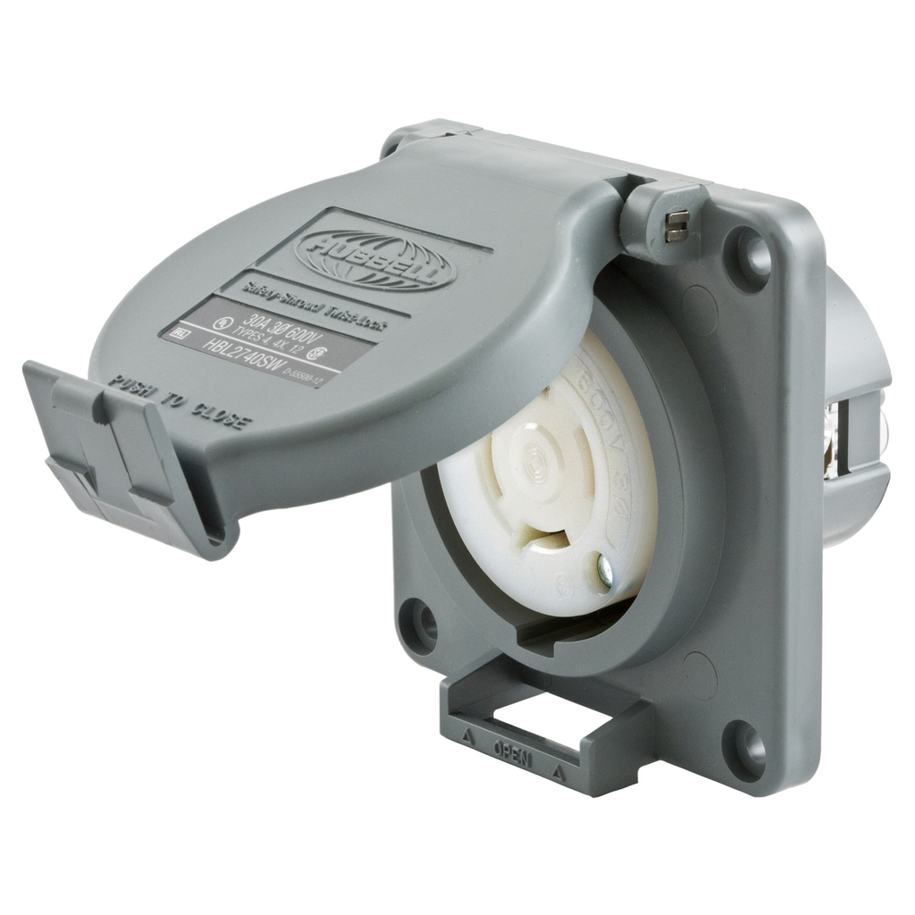 Product image for Hubbell HBL2740SW 30 Amp 600 Volt 3-Pole 4-Wire NEMA L17-30R Gray Watertight Locking Receptacle
