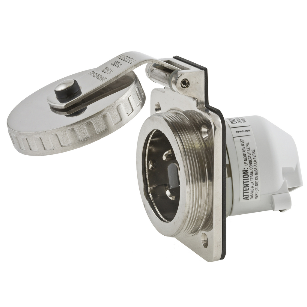 Product image for Hubbell HBL303SS 30 Amp 125 Volt 2-Pole 3-Wire NEMA L5-30R Stainless Steel Power Inlet