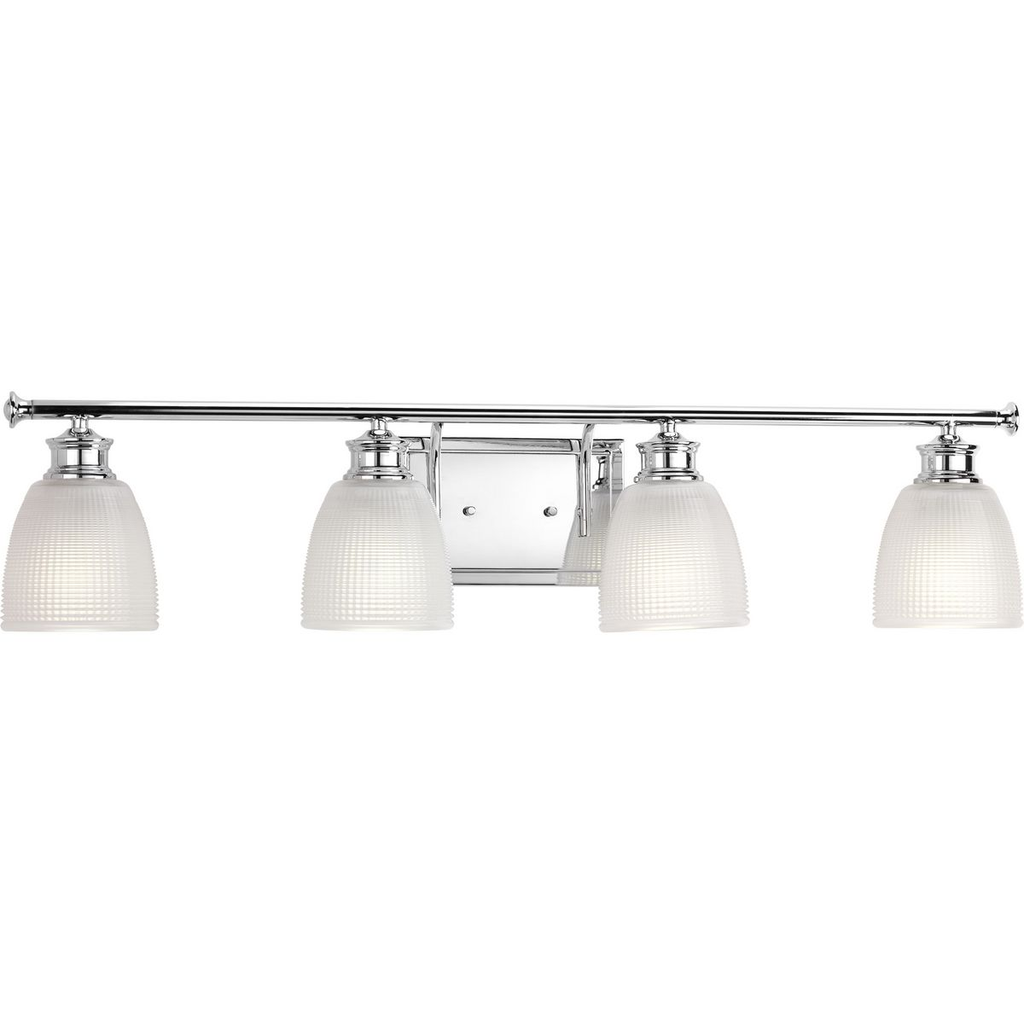Product image for Progress P2118-15 Lucky Collection Four-Light Polished Chrome White Prismatic Glass Coastal Bath Vanity Light