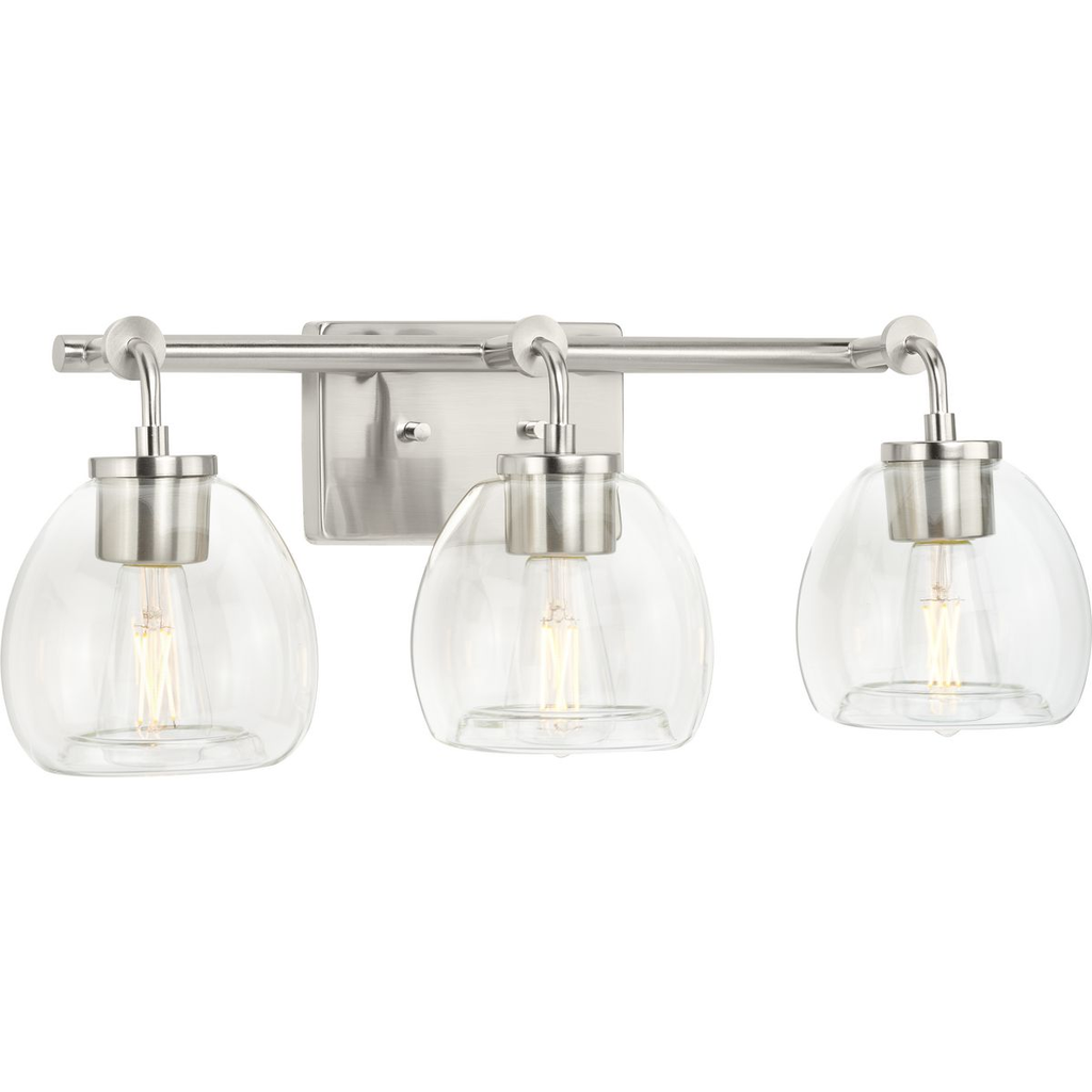 Product image for Progress P300347-009 Caisson Collection Three-Light Brushed Nickel Clear Glass Urban Industrial Bath Vanity Light