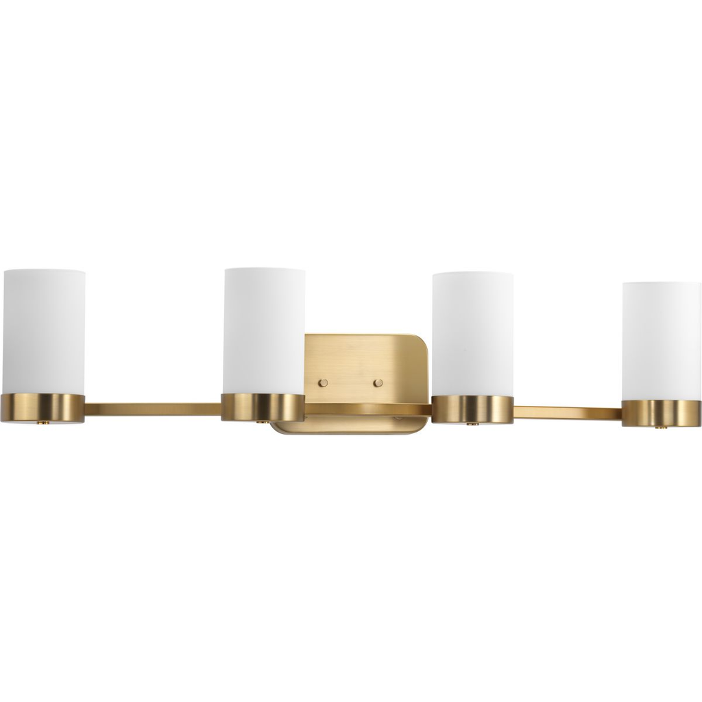 Product image for Progress P300023-109 Elevate Collection Four-Light Brushed Bronze Etched White Glass Mid-Century Modern Bath Vanity Light