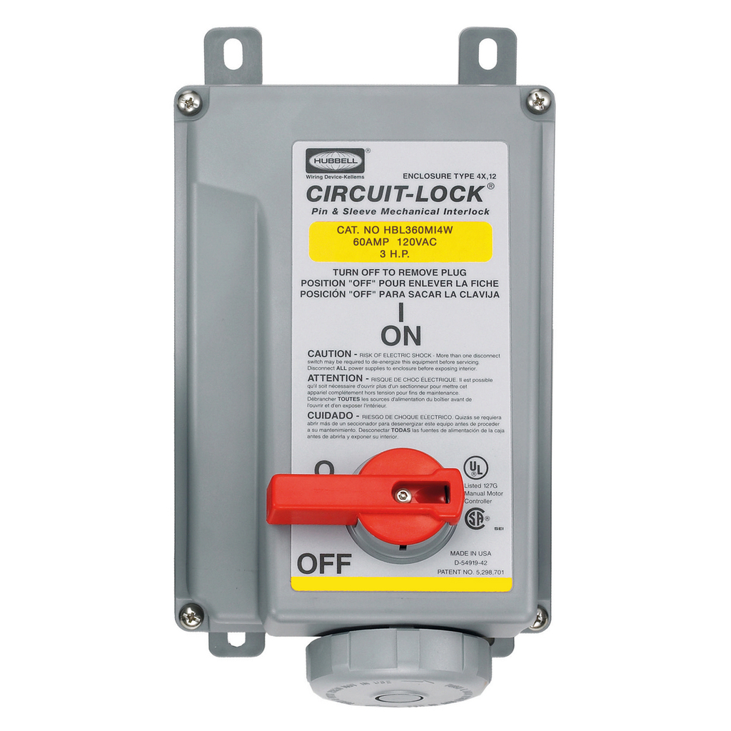 Product image for Hubbell HBL360MI4W Pin & Sleeve IEC Unfused Circuit-Lock® Mechanical Interlock, 60A 2P3W, 120V, IP67, NEMA 4X, 12