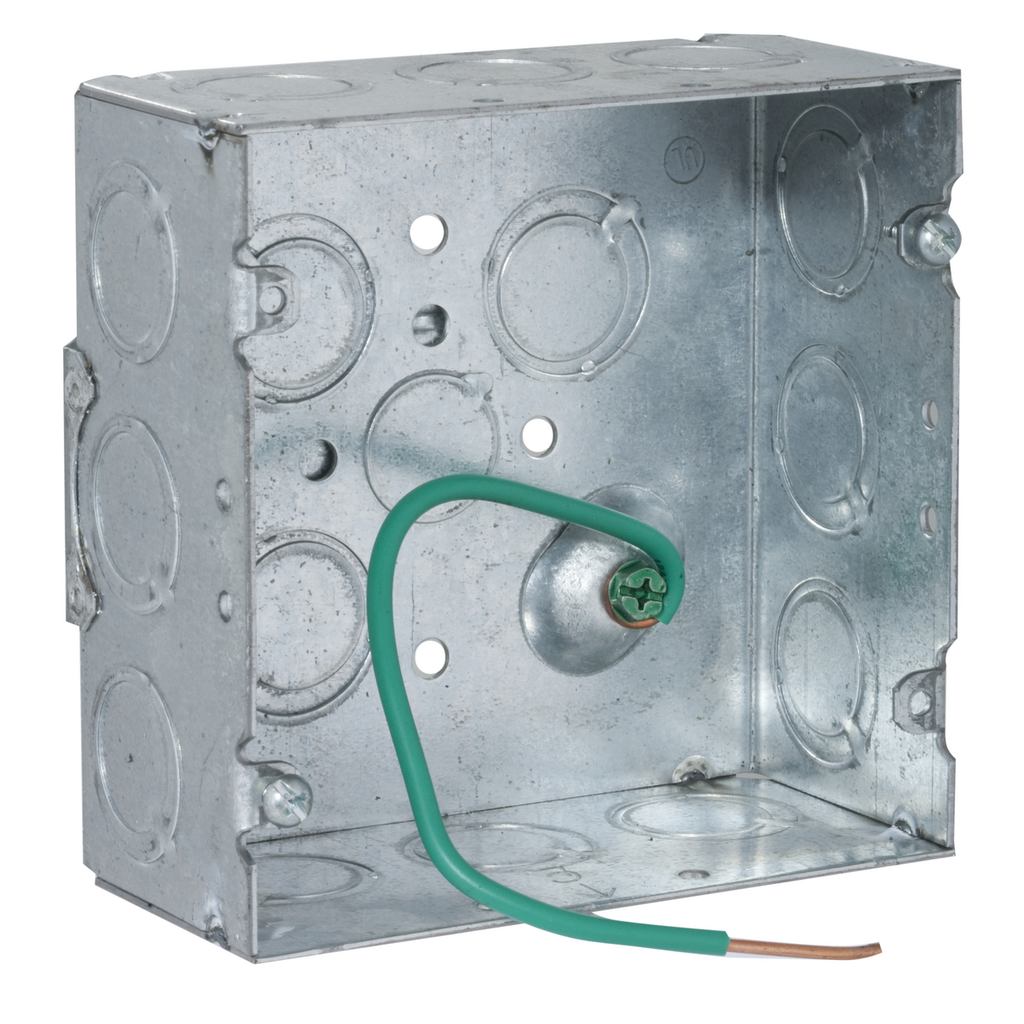 Product image for Raco 257F 4-11/16" Square Box, Welded, 2-1/8" Deep with (1) 1/2" KO & (15) TKO's, Raised, 8" #12 Stranded Copper Pigtail