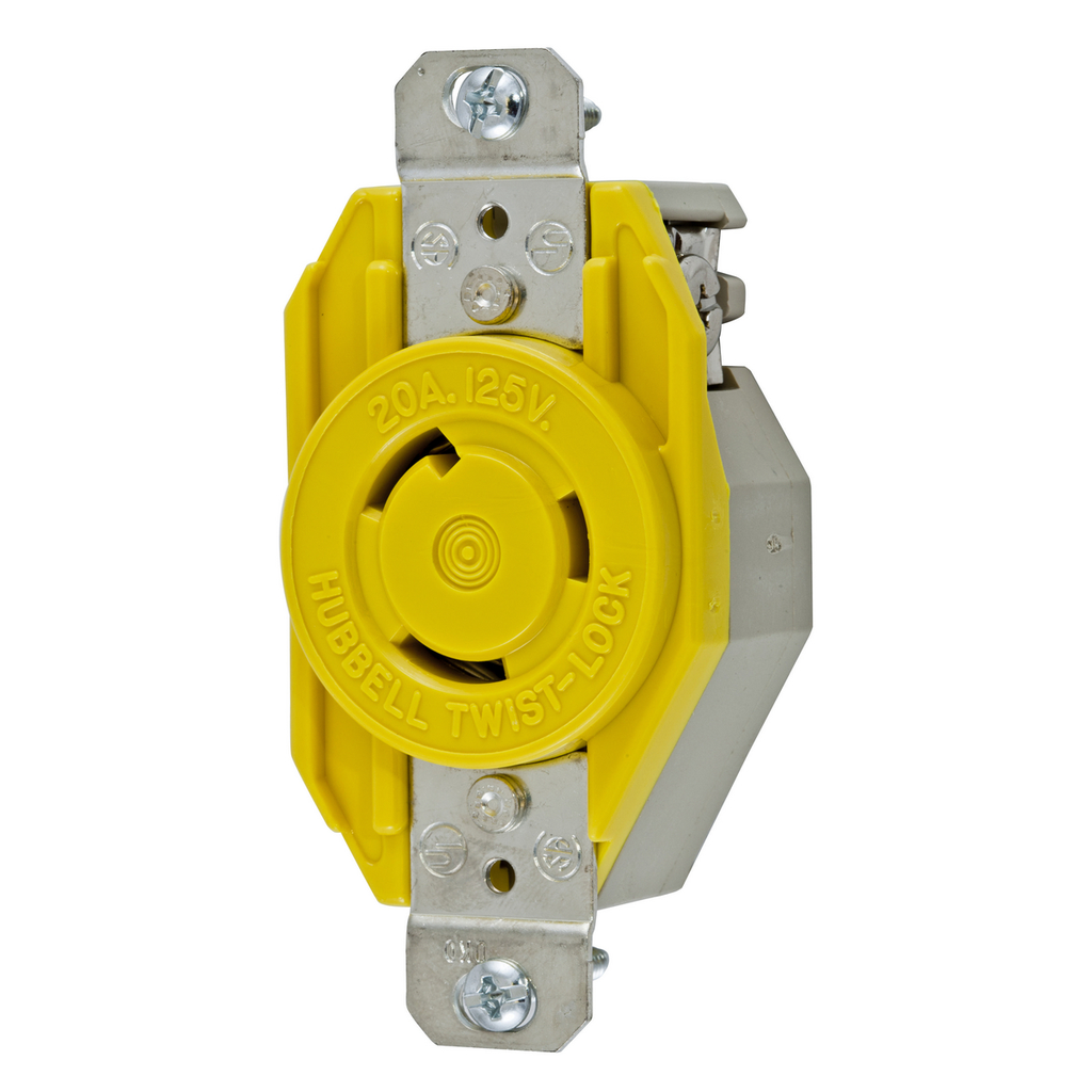 Product image for Hubbell HBL23CM10 20 Amp 125 Volt 2-Pole 3-Wire NEMA L5-20R Yellow Single Flush Locking Receptacle