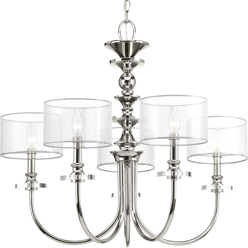 Product image for Progress P400049-104 Marche Collection Five-Light Polished Nickel Grey Mylar Shade Luxe Chandelier Light