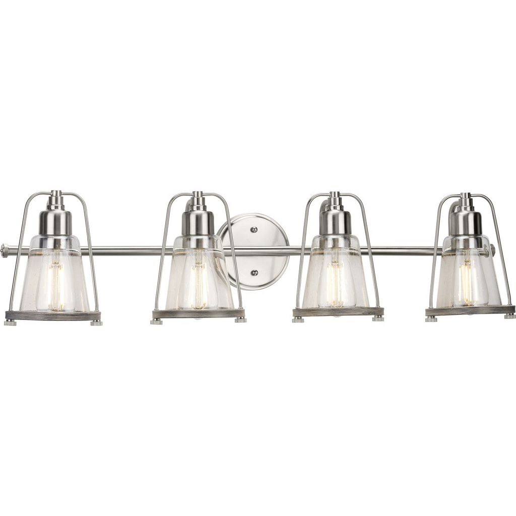 Product image for Progress P300298-009 Conway Collection Four-Light Brushed Nickel and Clear Seeded Farmhouse Style Bath Vanity Wall Light