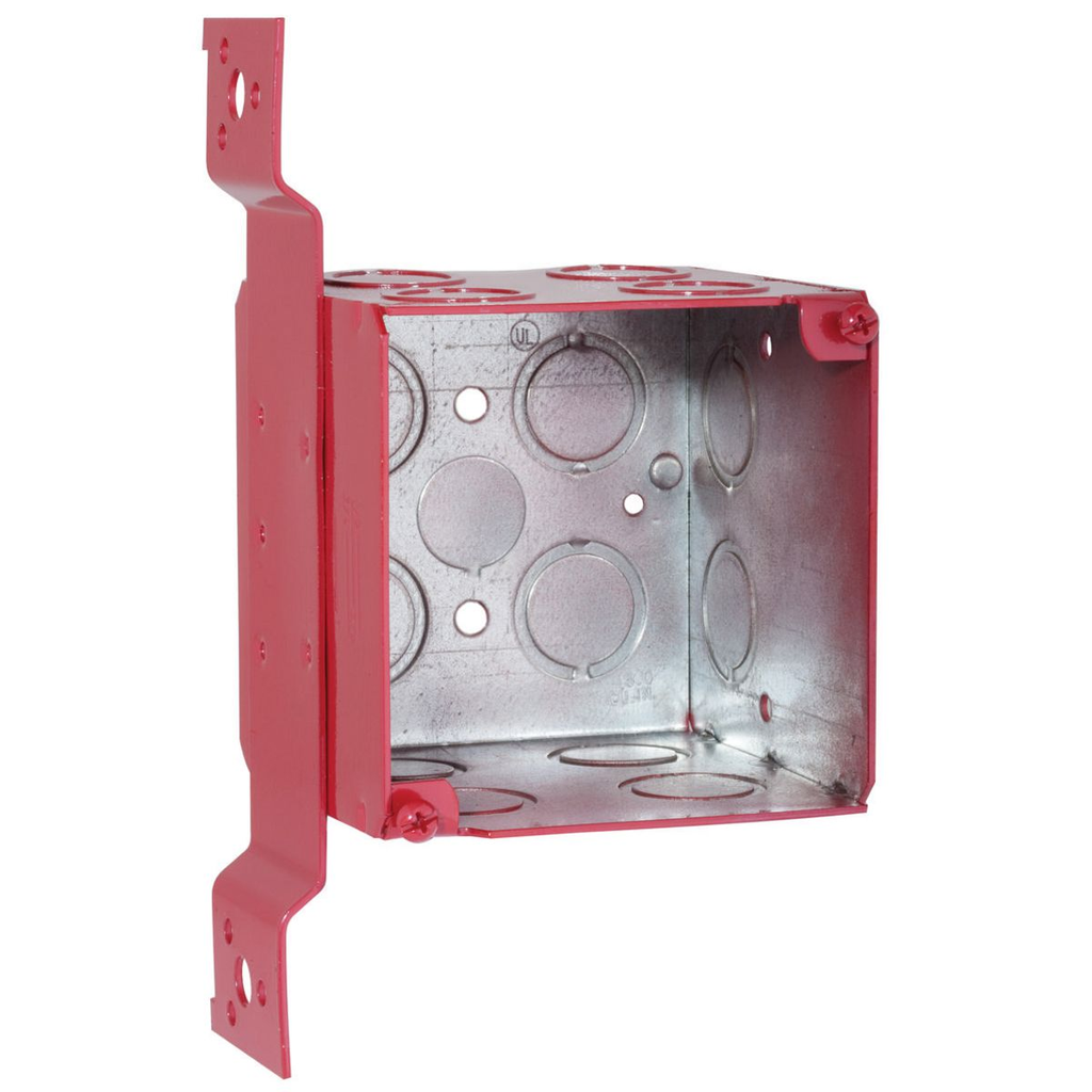 Product image for Raco 911-1 3-3/4" Life Safety Square Box, Welded, 3-1/2" Deep, Fourteen 1/2" & 3/4" Concentric KO's & One 1/2" KO, FM Bracket, Red