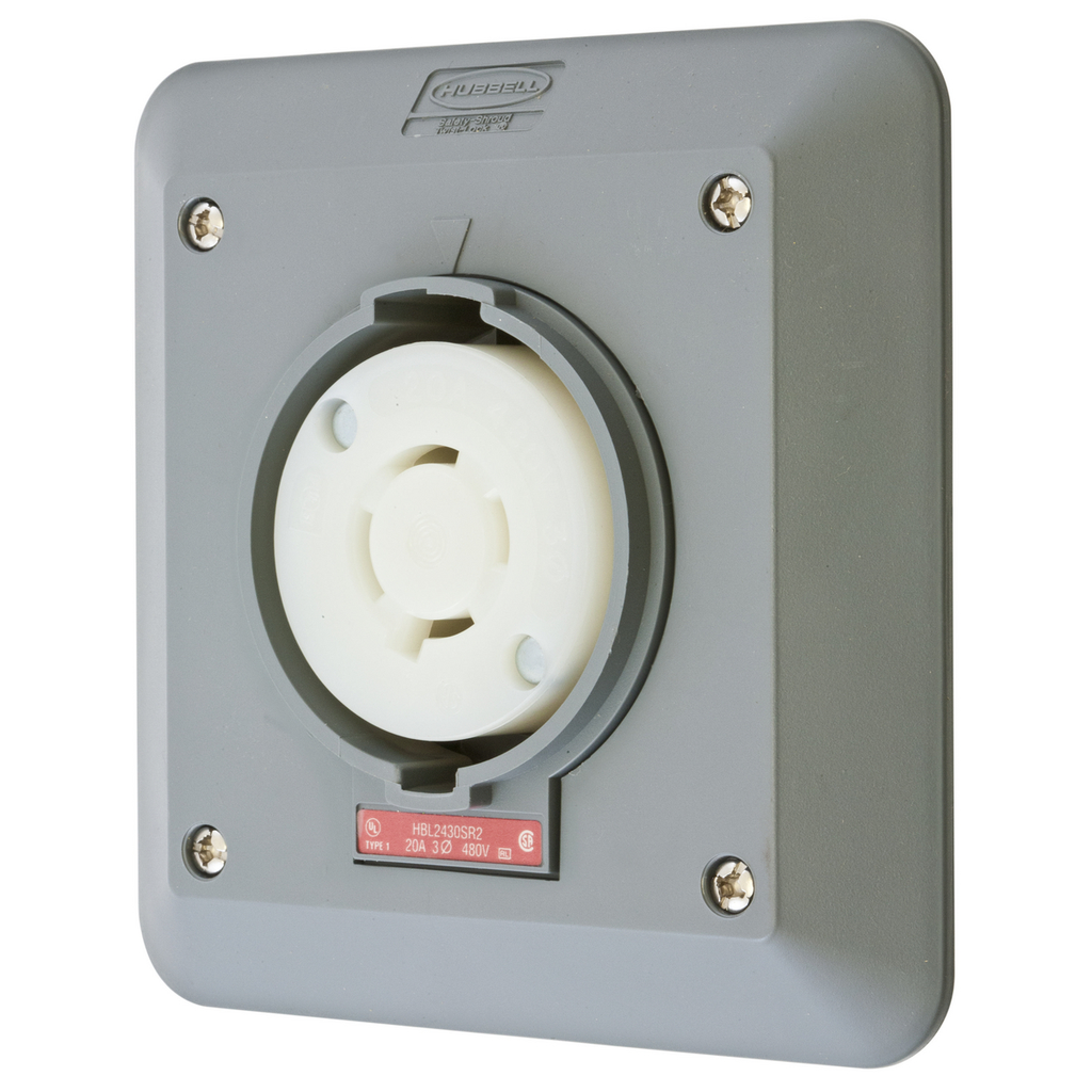 Product image for Hubbell HBL2430SR2 Locking S/SHRD Receptacle, L16-20R, 2G SURF MT, GY