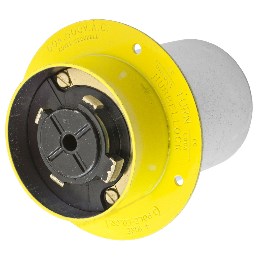 Product image for Hubbell HBL26422 60 Amp 600 Volt 3-Pole 4-Wire Yellow Locking Flanged Inlet